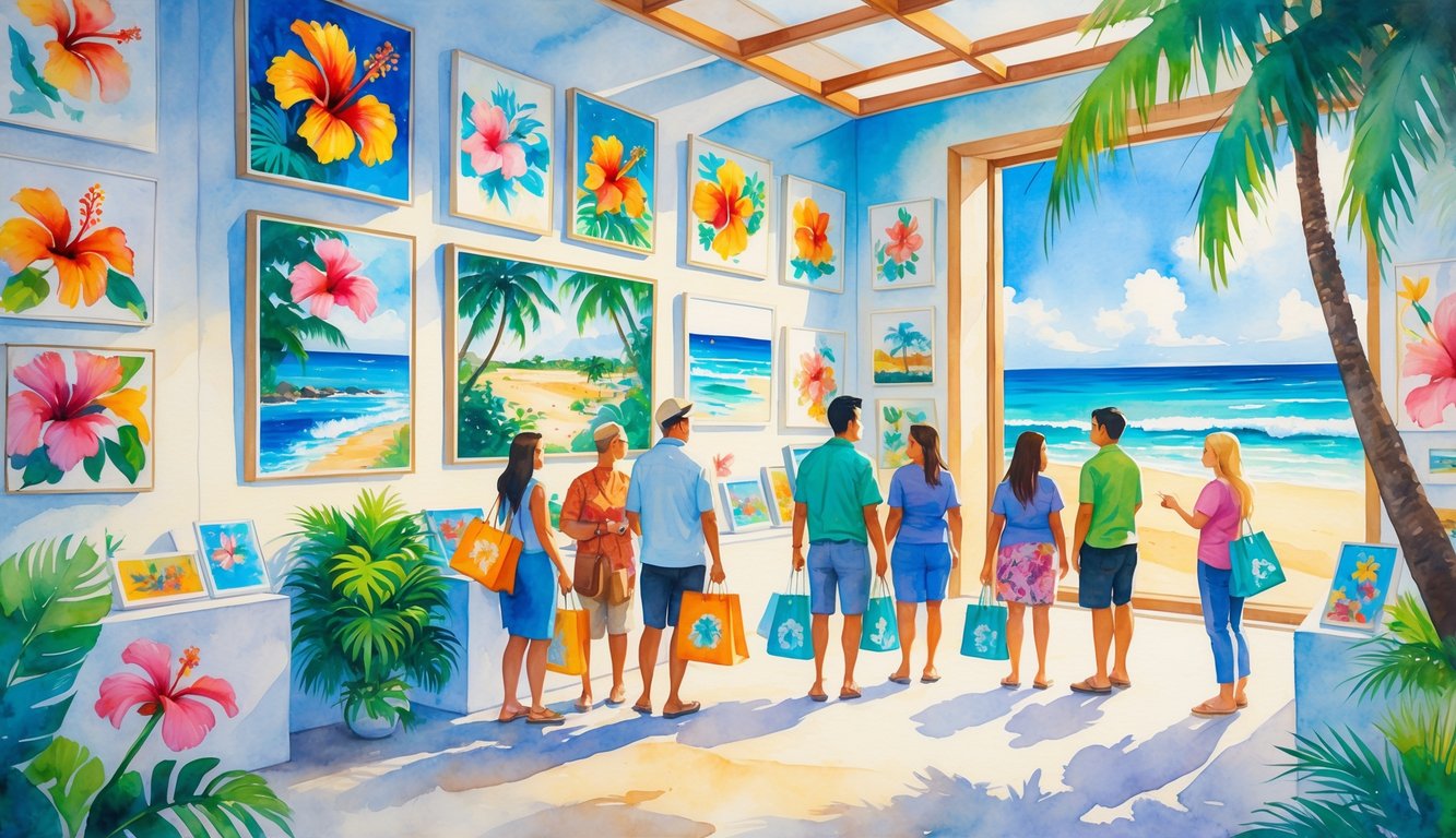 A bright Hawaiian art gallery with colorful paintings of tropical flowers and ocean scenes, visitors admiring art, and a beach visible through large windows.