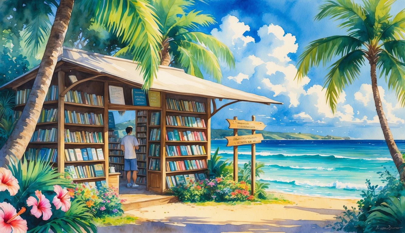An outdoor bookstore surrounded by tropical plants and palm trees near the ocean, with people browsing books on wooden shelves.