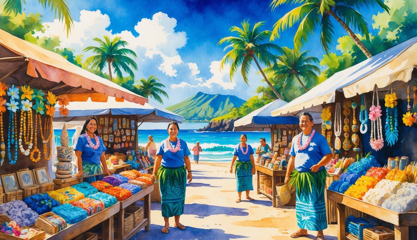 A Hawaiian market with colorful stalls selling traditional crafts and souvenirs, surrounded by palm trees and tropical scenery.