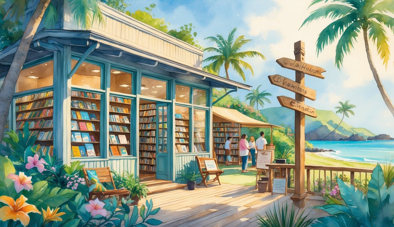 A tropical bookstore on the Big Island of Hawaii surrounded by greenery, flowers, and palm trees with people browsing books outside.