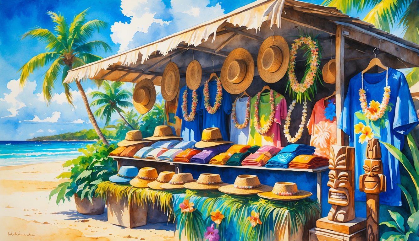 A Hawaiian market stall displaying traditional souvenirs like leis, aloha shirts, tiki carvings, and lauhala hats with tropical plants and a beach in the background.