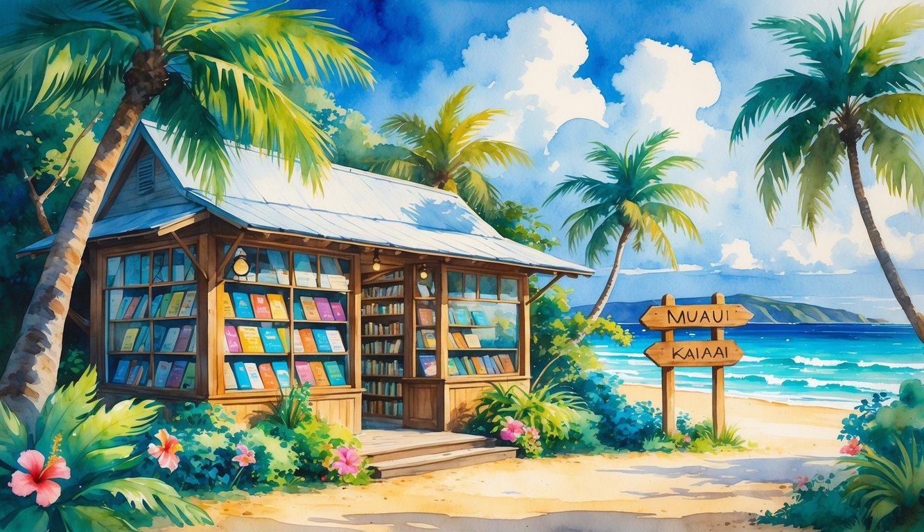 A cozy bookshop surrounded by tropical plants near a sandy beach with ocean waves and a bright sky.