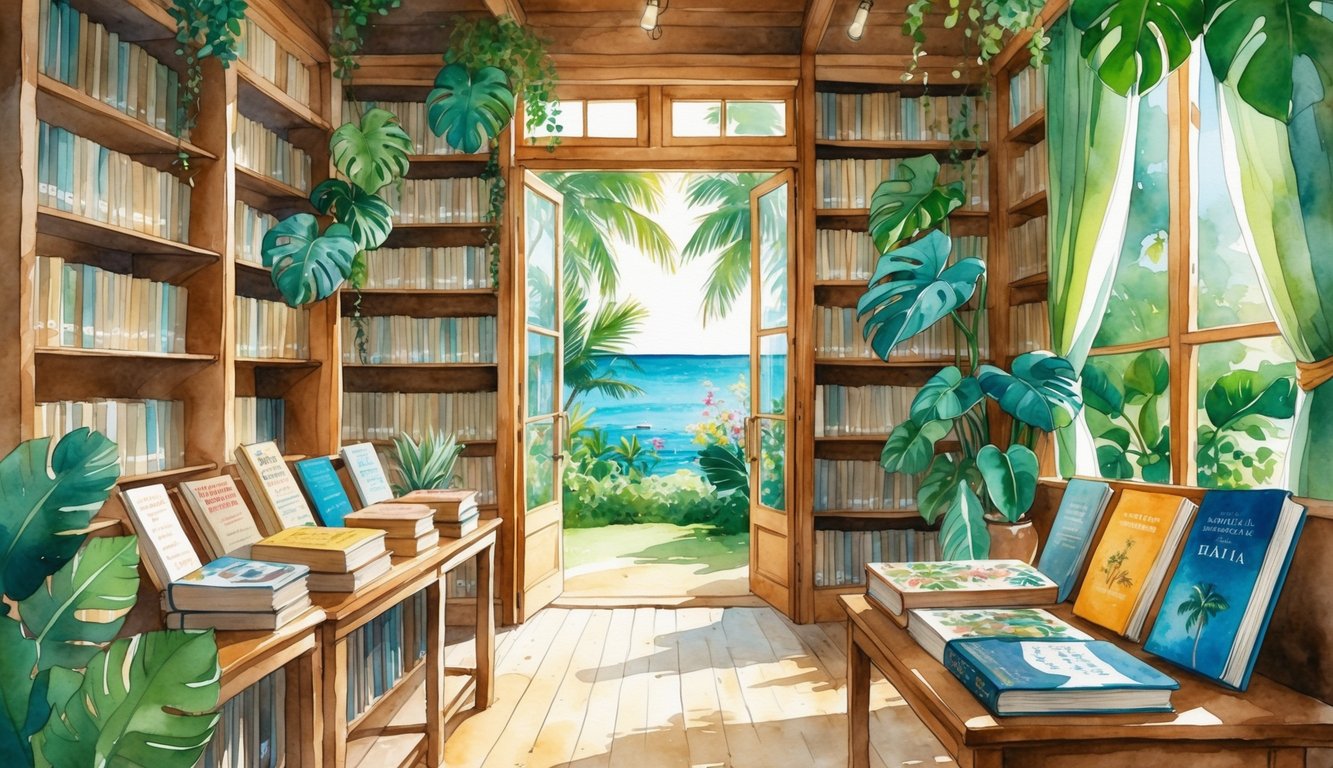 A cozy bookstore interior with wooden shelves filled with books and tropical plants, overlooking a lush garden outside.