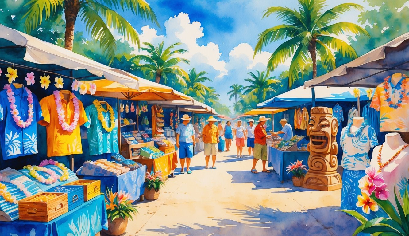 A lively Hawaiian marketplace with stalls selling traditional souvenirs like leis, tiki statues, and seashell jewelry, surrounded by palm trees and tropical plants under a blue sky.
