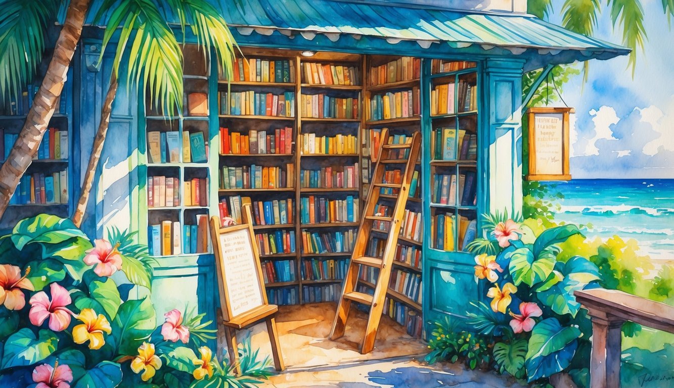 A cozy bookstore surrounded by tropical plants with shelves filled with used and rare books, set in a Hawaiian landscape.