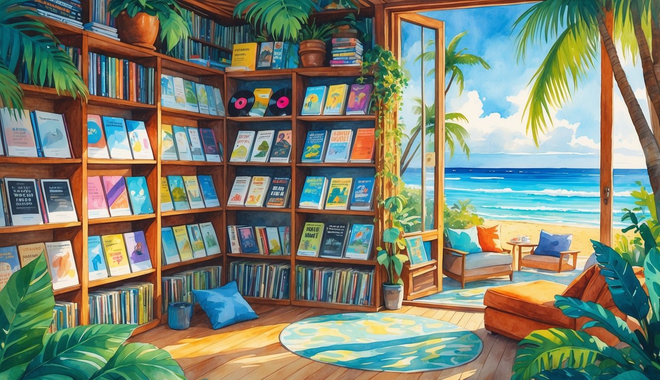 A cozy bookstore in Hawaii with shelves of books, comics, and musical instruments, surrounded by tropical plants and a view of the beach outside.