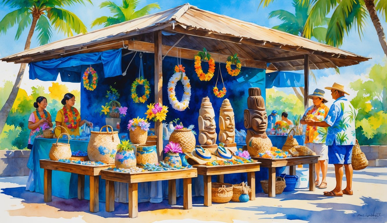 A Hawaiian market stall displaying traditional crafts like woven baskets, flower leis, carved wooden statues, and shell jewelry surrounded by tropical plants and people interacting.
