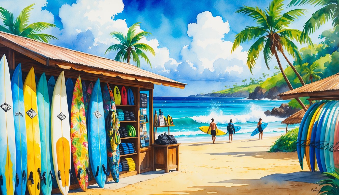 A beachside surf shop with colorful surfboards, surf gear, palm trees, and ocean waves under a clear sky.