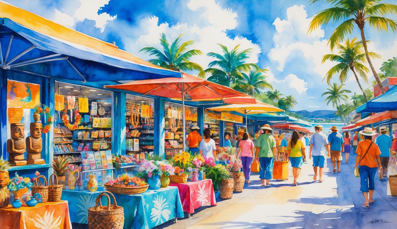 A bustling Hawaiian marketplace by the beach with shoppers browsing colorful stalls selling traditional souvenirs like leis and ukuleles under palm trees.