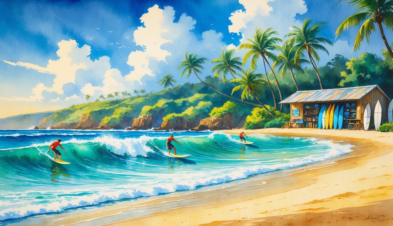 A sunny Hawaiian beach with surfers riding waves, palm trees, and a small surf shop near the shore.
