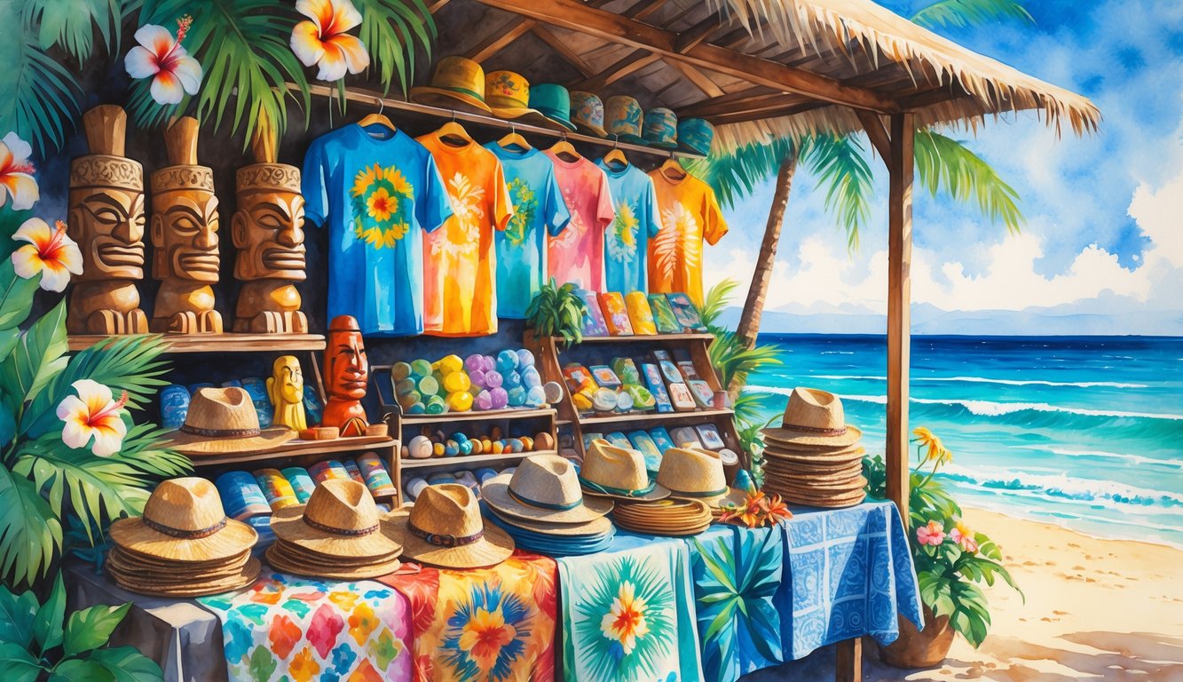A Hawaiian market stall filled with traditional souvenirs like tiki statues, aloha shirts, straw hats, seashell necklaces, and quilts, surrounded by tropical plants and ocean waves.