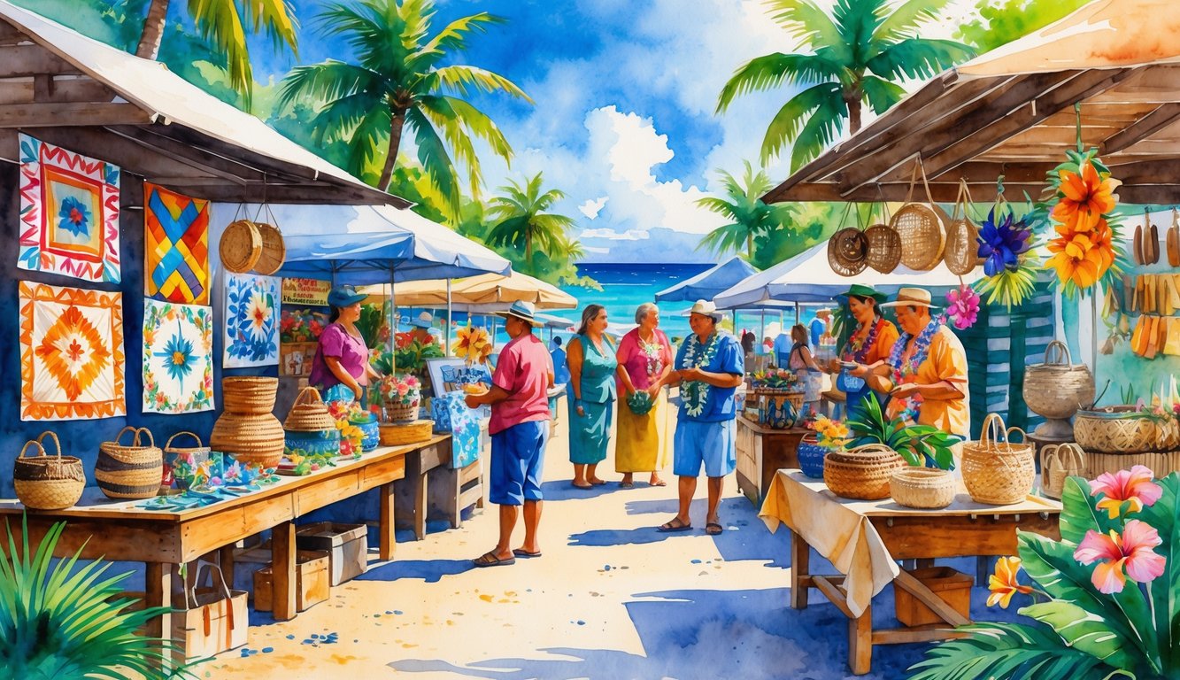 A Hawaiian market with local artisans selling handcrafted items like woven baskets, wooden sculptures, quilts, and floral leis among tropical plants and palm trees near the ocean.