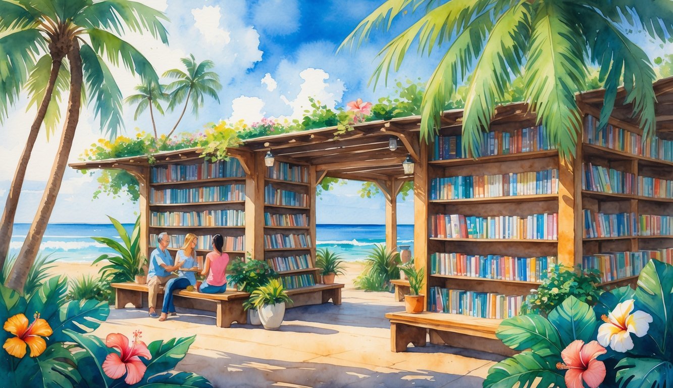 An open-air bookstore surrounded by tropical plants and palm trees near the ocean, with people browsing books and sitting on benches.