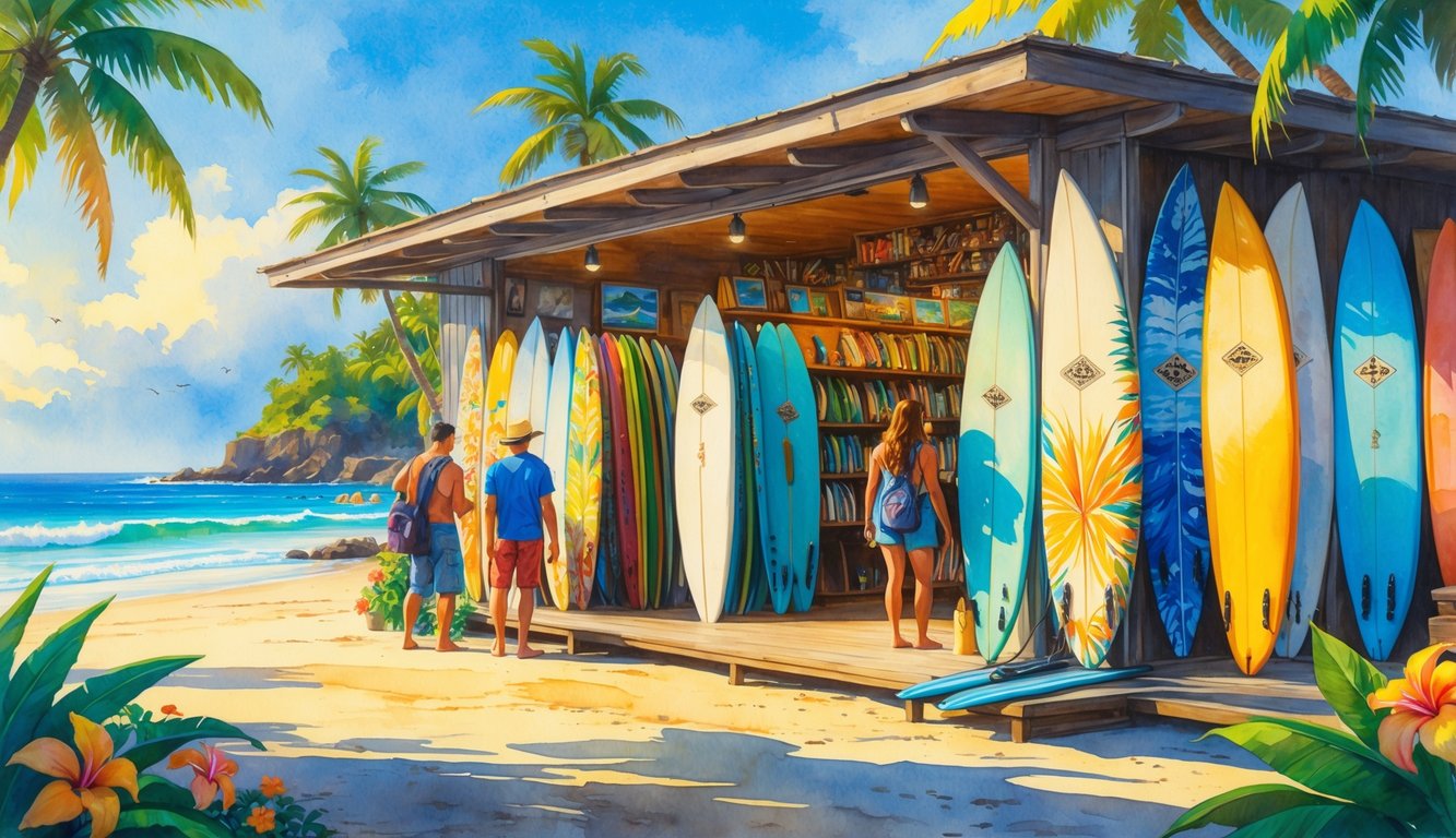 A Hawaiian surfboard store near the beach with colorful surfboards displayed and people browsing under palm trees with the ocean in the background.
