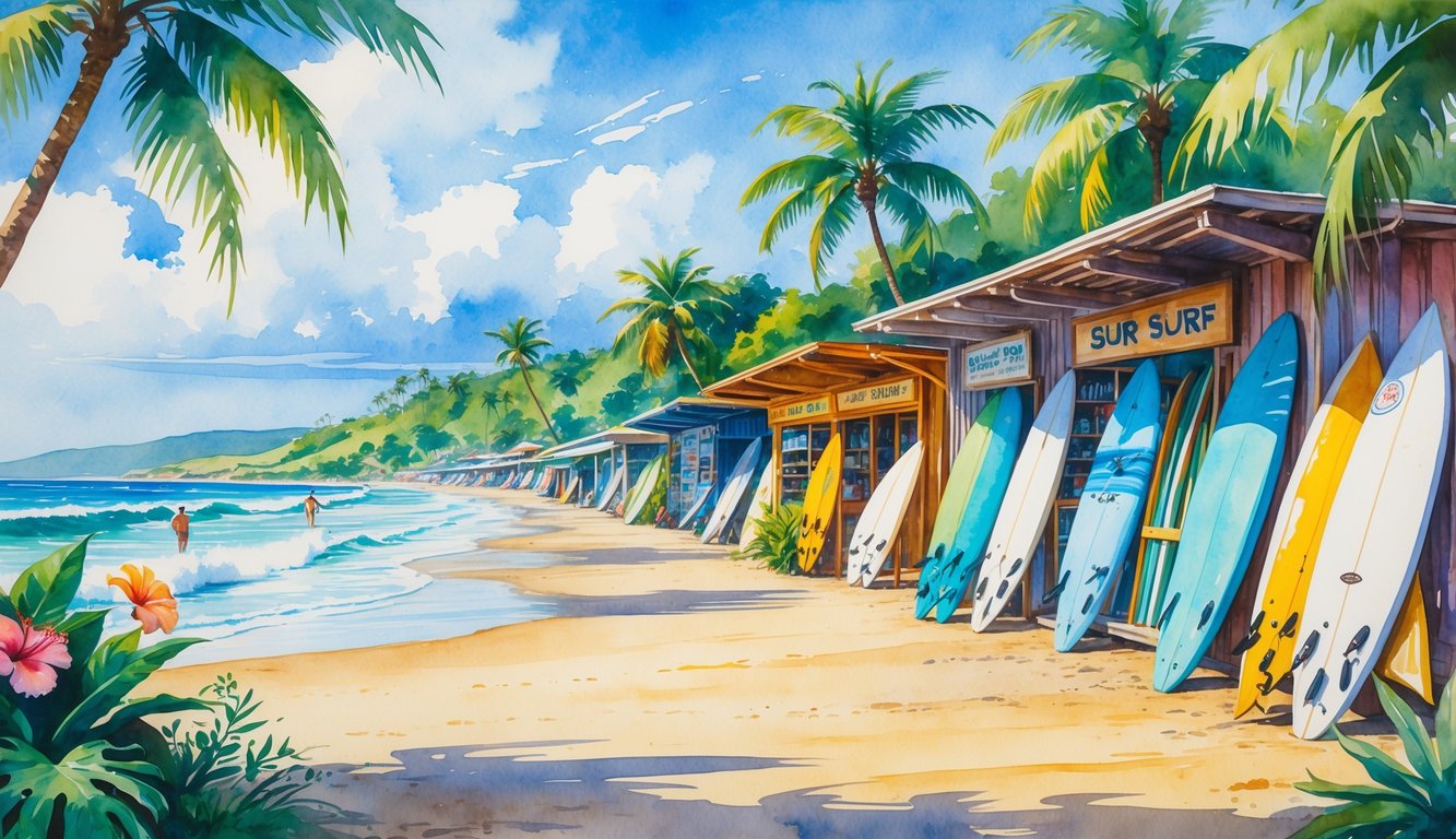A beach scene with colorful surf shops, surfboards, palm trees, ocean waves, and surfers in the distance.