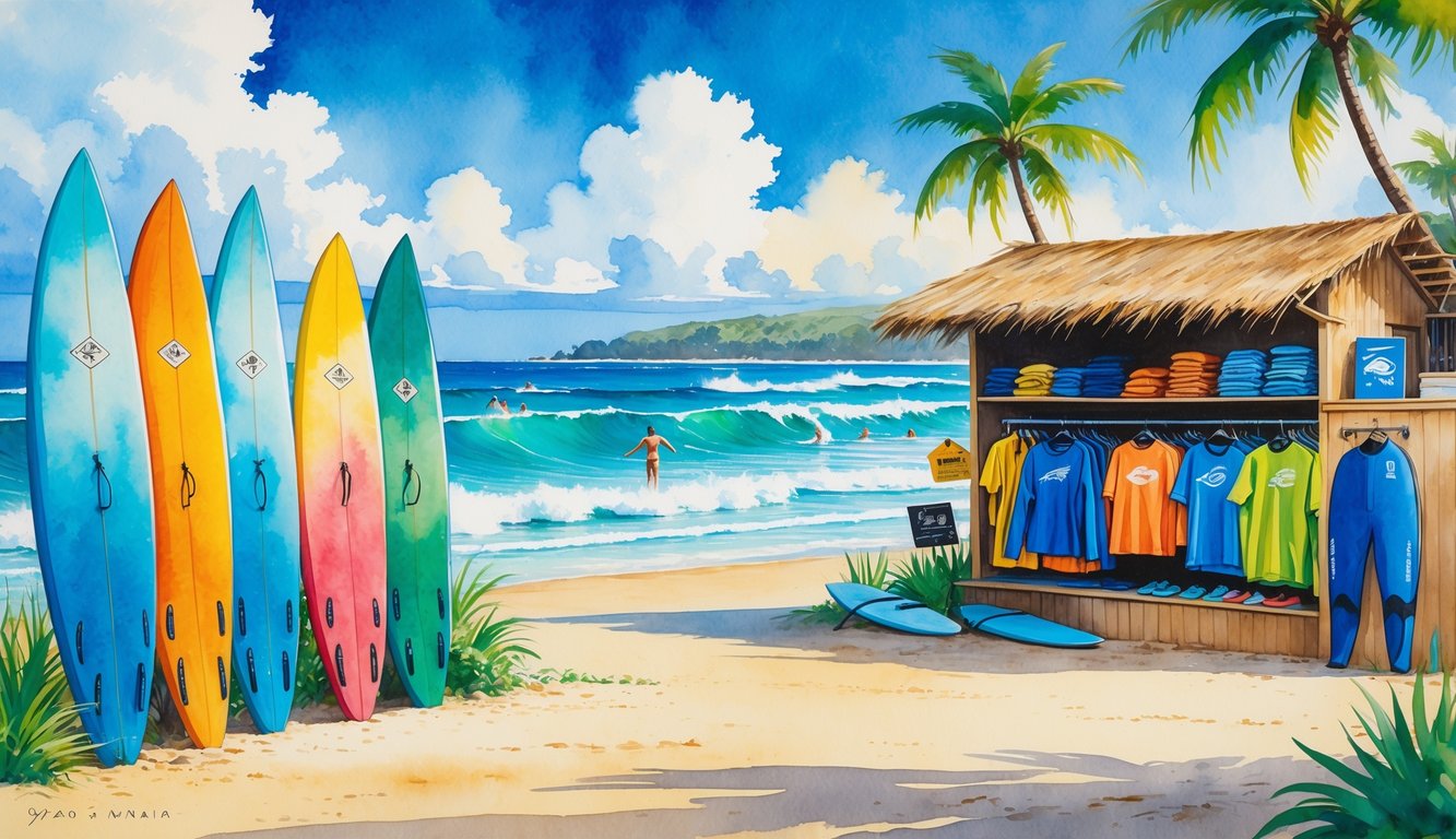 A Hawaiian beach scene with surfboards, beachwear racks, a small surf shop, palm trees, ocean waves, and surfers in the water.