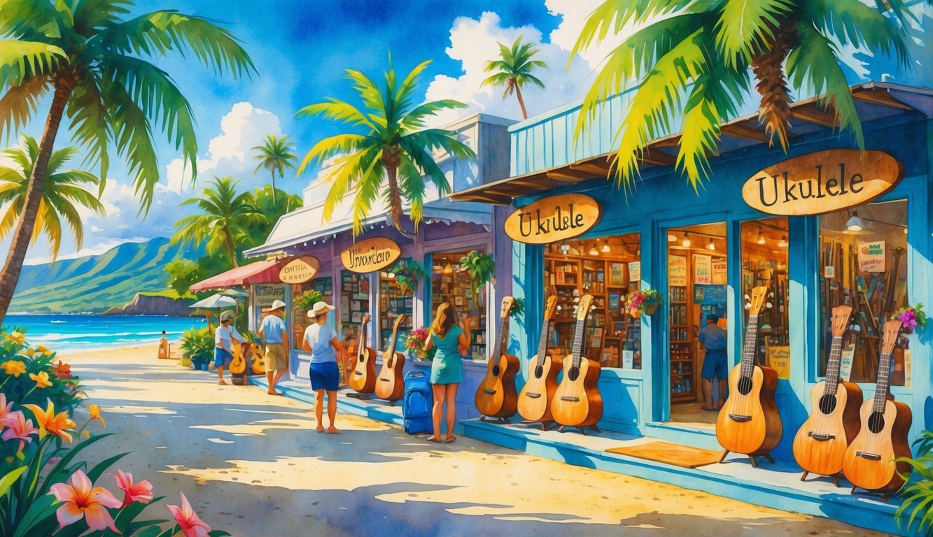A Hawaiian street with ukulele stores surrounded by palm trees and flowers, people browsing instruments, and the ocean and mountains in the background.