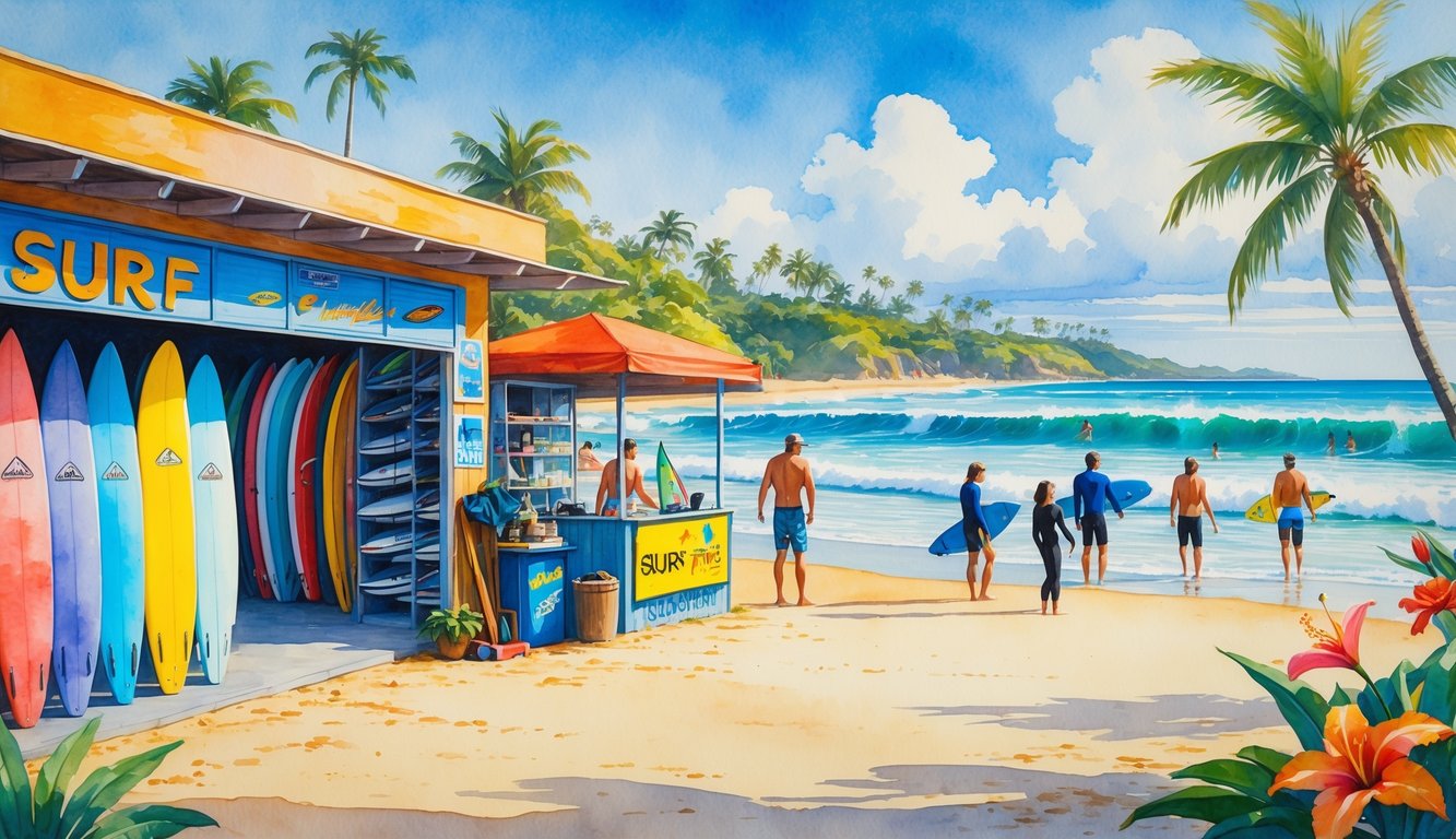 A Hawaiian beach with surf shops, rental booths, surfers preparing and riding waves, palm trees, and people enjoying the beach.