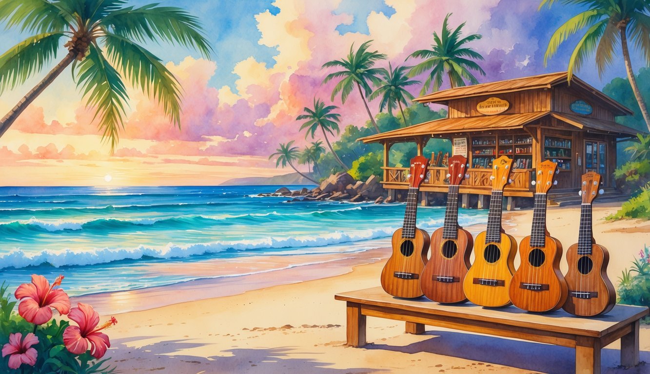 A Hawaiian beach scene with palm trees, hibiscus flowers, and several ukuleles displayed on a wooden table near a small open-air ukulele store by the shore.