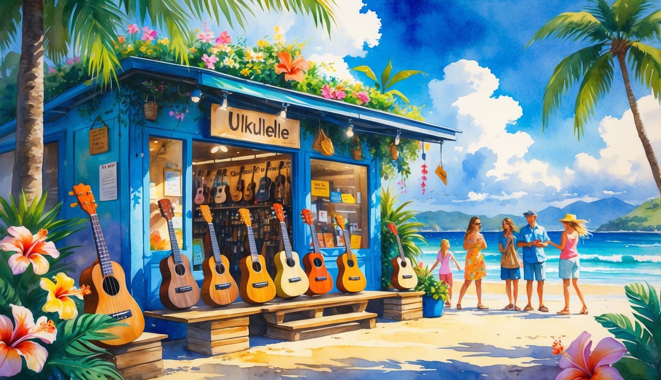 A colorful Hawaiian ukulele store with tropical plants and people browsing ukuleles outside under a sunny sky.