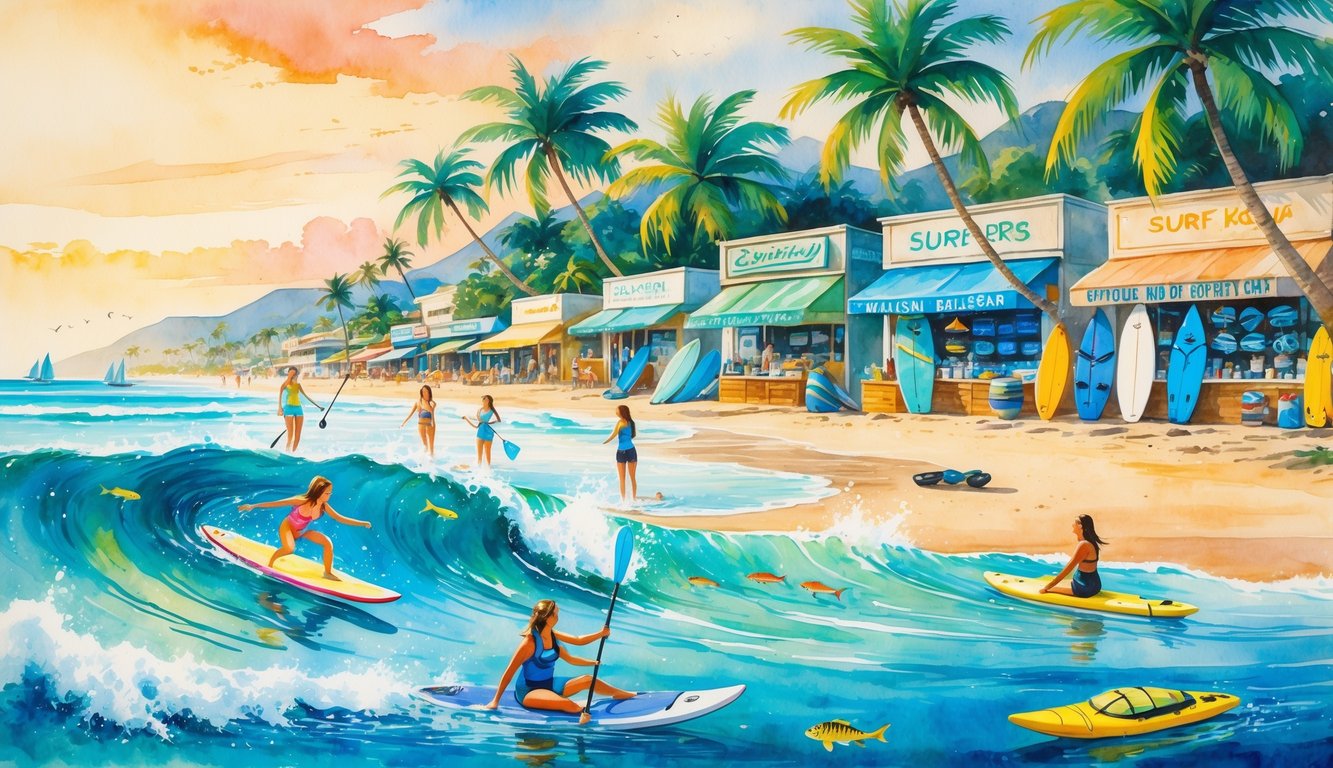A Hawaiian beach with people paddleboarding, snorkeling, and kayaking near surf gear stores along the shore, surrounded by palm trees and calm ocean waves.