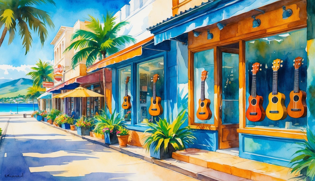 A sunny street in Honolulu with shops displaying ukuleles, palm trees, and a view of the ocean and mountains in the background.
