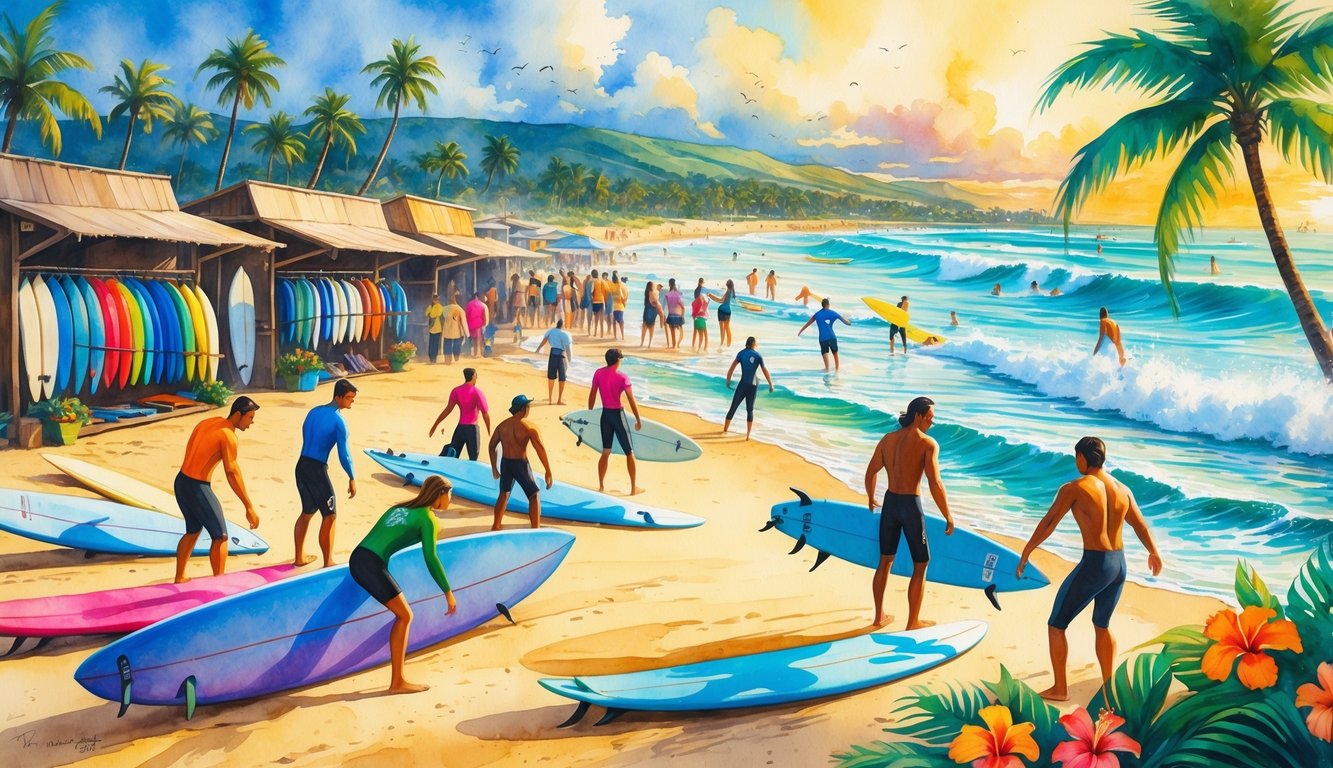 A beach scene with surfers preparing their boards near surf shops, palm trees, and people enjoying a surf competition and beach gathering at sunset.