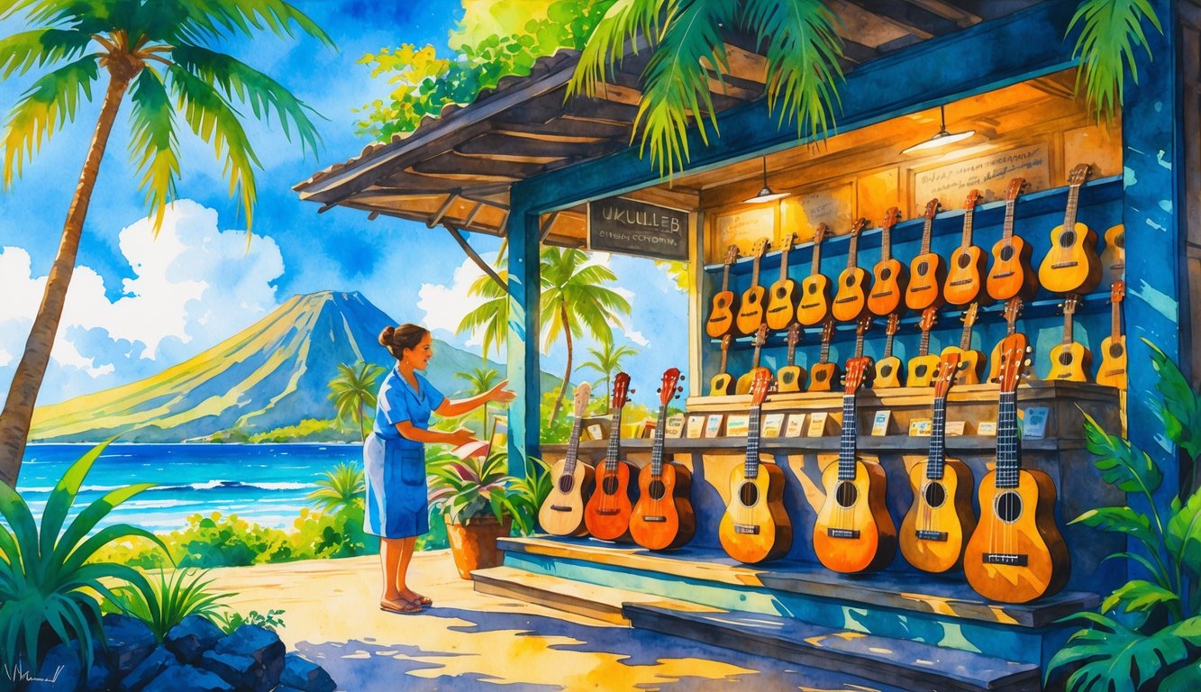 A ukulele shop on the Big Island of Hawaii with a shopkeeper helping a customer, surrounded by tropical plants, mountains, and ocean in the background.