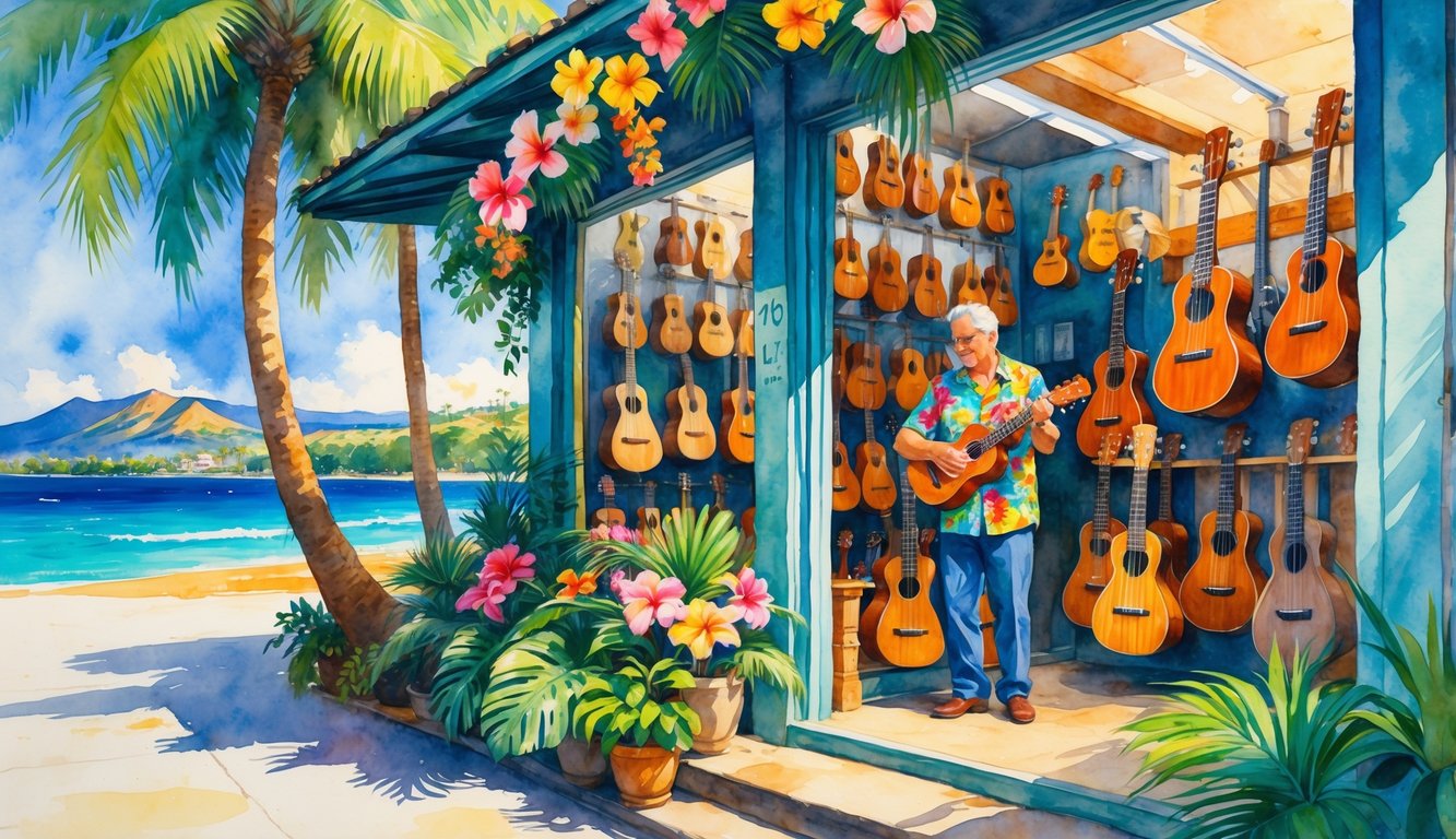 A Hawaiian ukulele store with tropical flowers, palm trees, handcrafted ukuleles on display, and a shopkeeper tuning an instrument, set on a sunny street with ocean and mountains in the background.