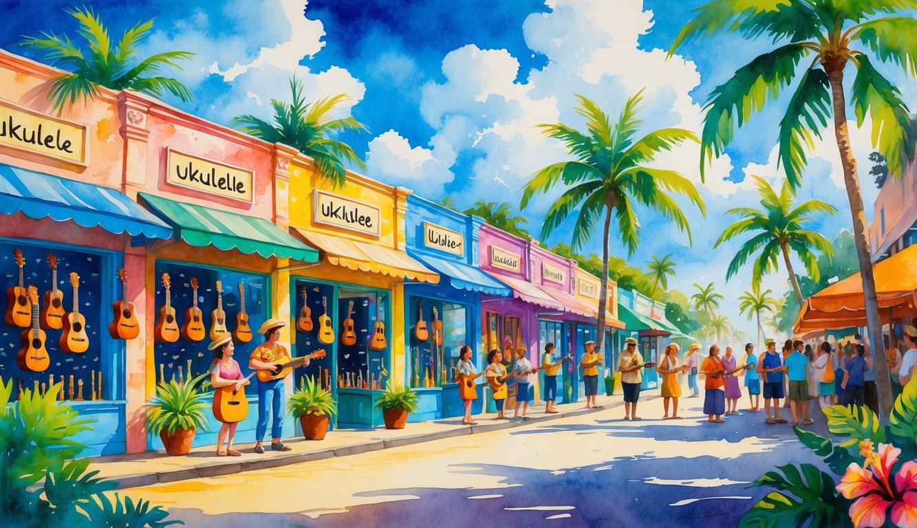 A sunny Hawaiian street with ukulele stores, musicians playing, palm trees, and people enjoying the music.