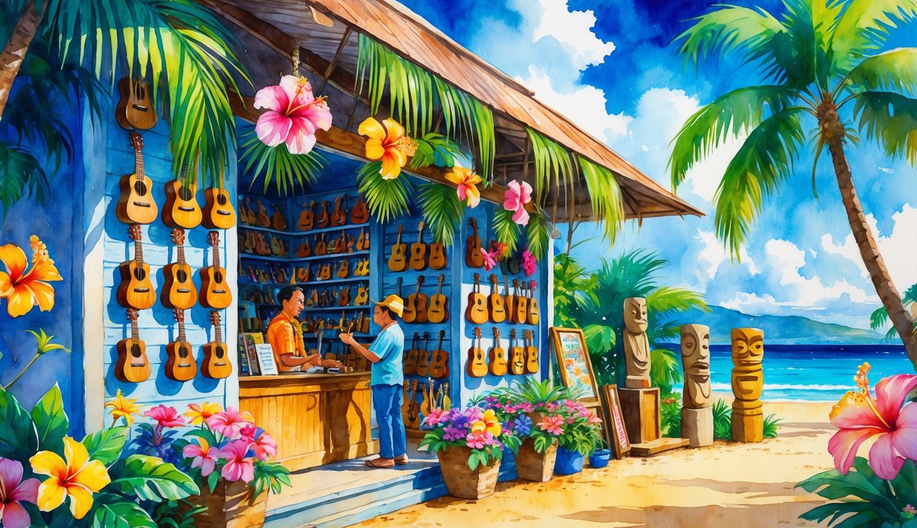 A Hawaiian ukulele store with colorful flowers, ukuleles on display, a shopkeeper helping a visitor, palm trees, and a sunny sky.