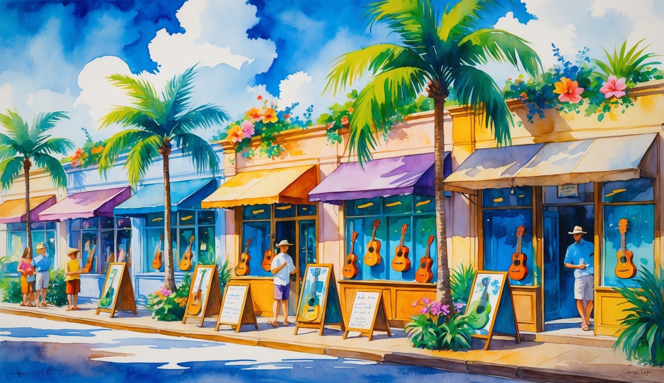 A sunny Hawaiian street with shops displaying ukuleles, palm trees, and people browsing outside.