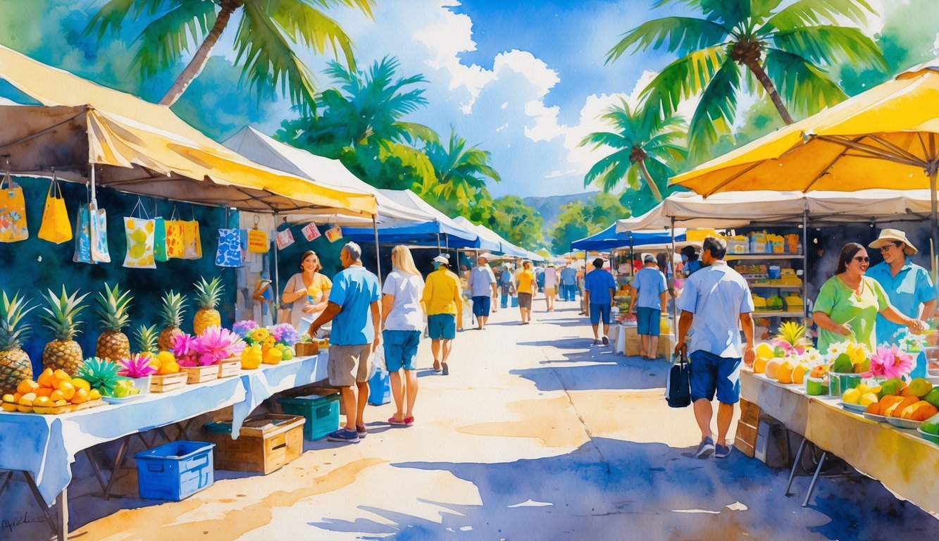 A busy outdoor market with colorful stalls, shoppers, tropical fruits, flowers, palm trees, and a clear blue sky.