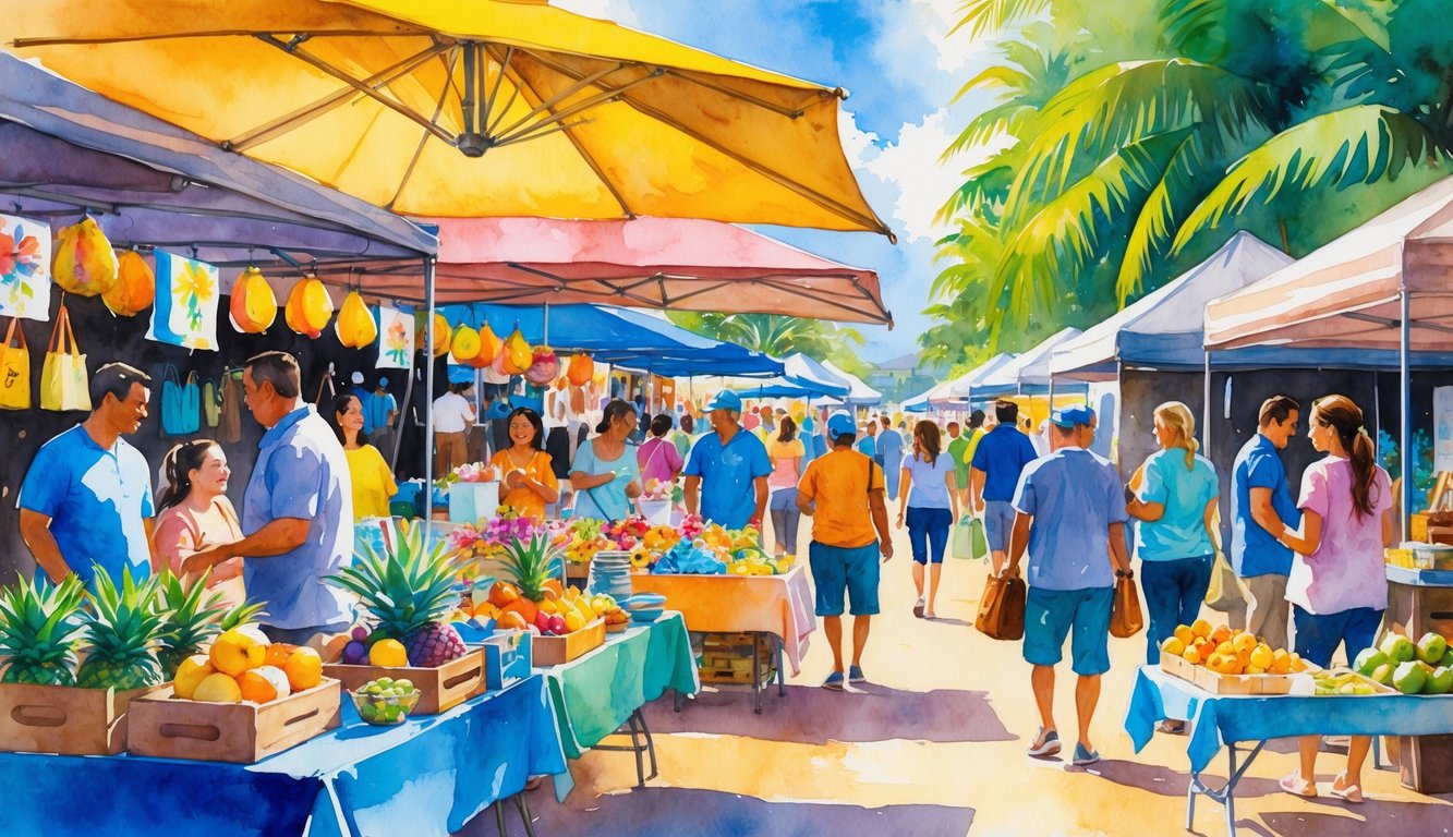 An outdoor market with people shopping at colorful stalls surrounded by palm trees and tropical plants.