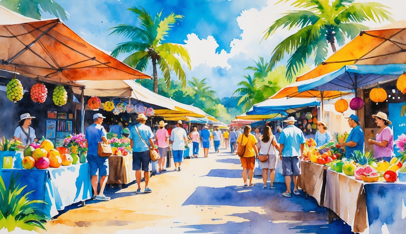 A busy outdoor market with people shopping at stalls filled with tropical fruits, crafts, and flowers, surrounded by palm trees and clear skies.