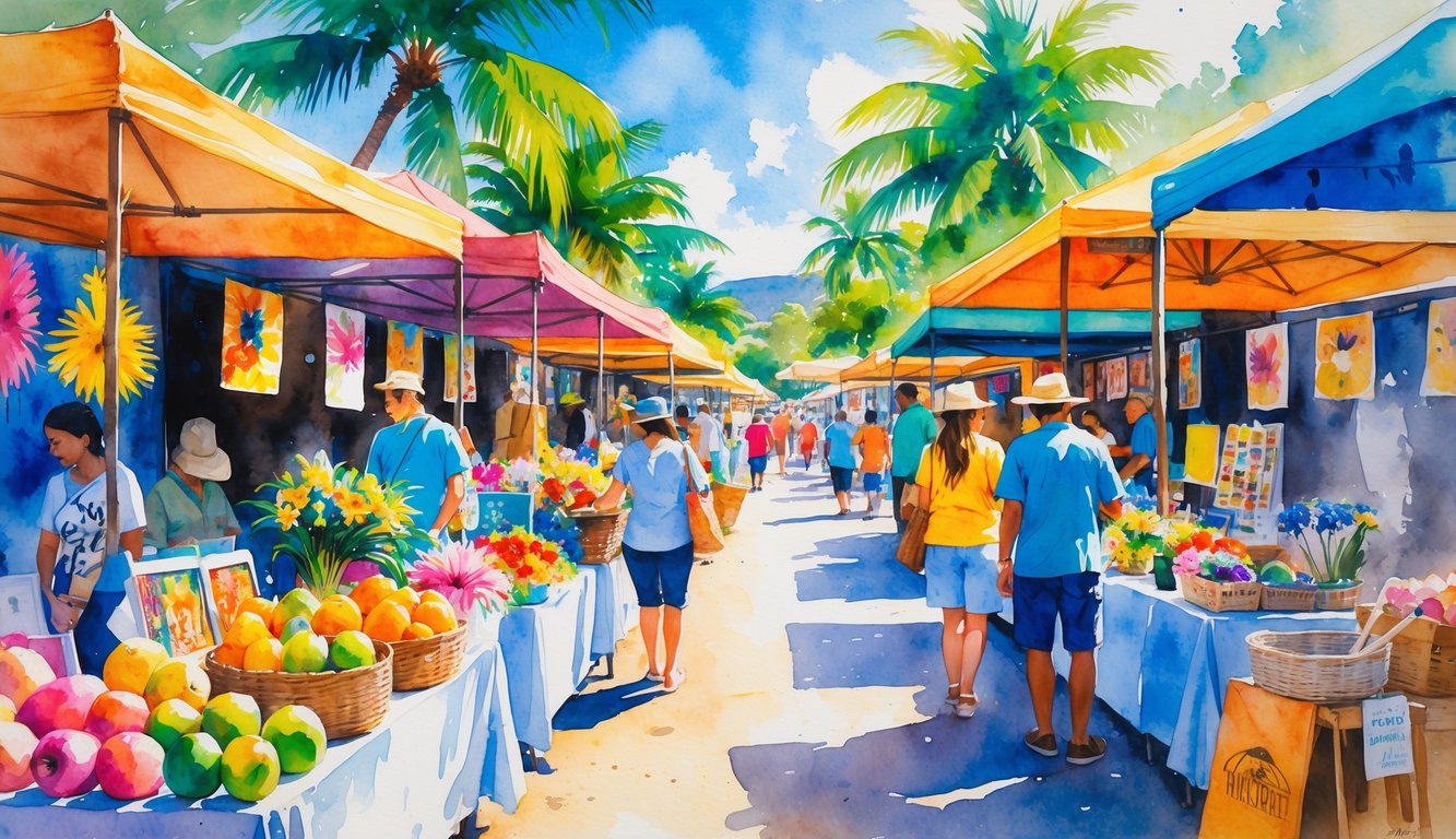 A busy outdoor market with people shopping at colorful stalls surrounded by palm trees and clear skies.