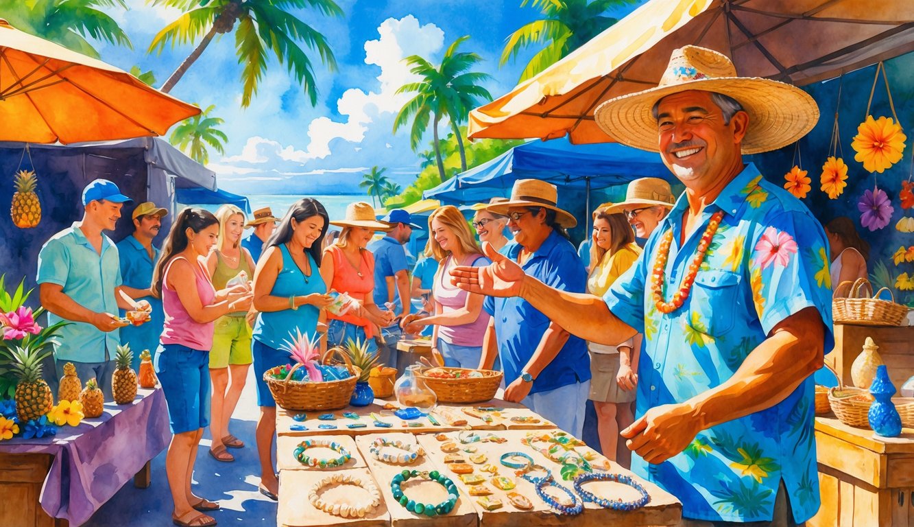 A Hawaiian flea market with a local vendor and tourists bargaining over handcrafted jewelry and souvenirs, surrounded by tropical plants and palm trees near the ocean.