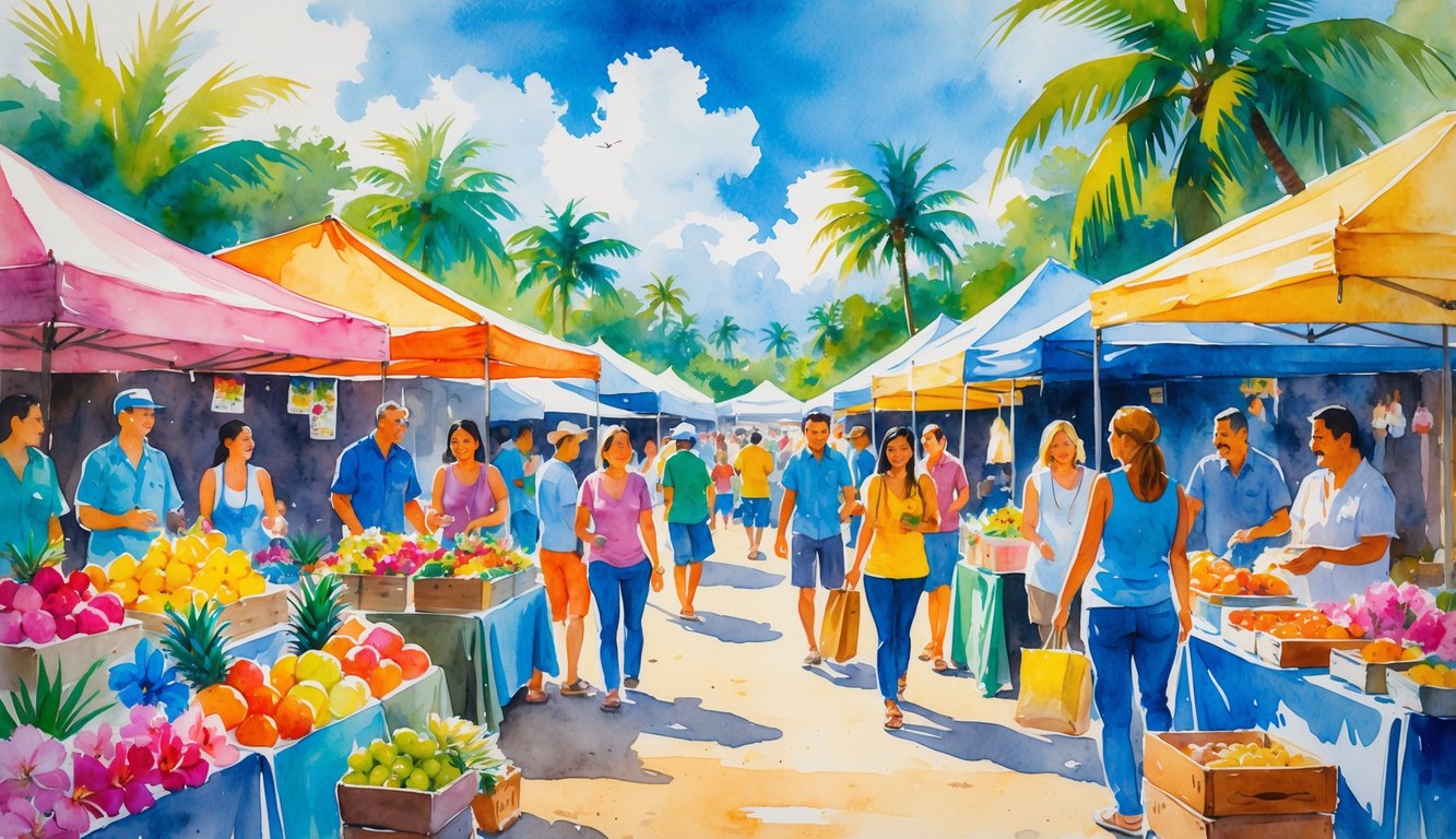 People enjoying an outdoor market with colorful stalls selling local food, fruits, and crafts under palm trees on a sunny day.