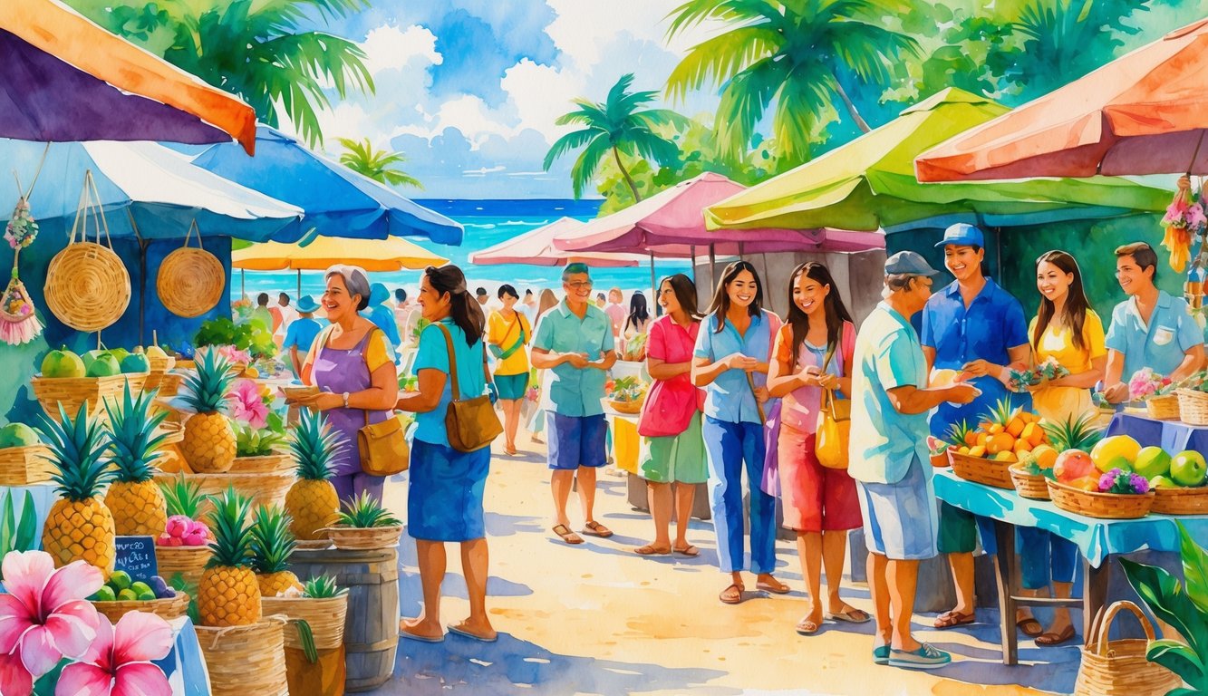 An outdoor market in Maui with people browsing colorful stalls filled with handmade crafts, fresh fruits, and local goods under a sunny sky near the ocean.