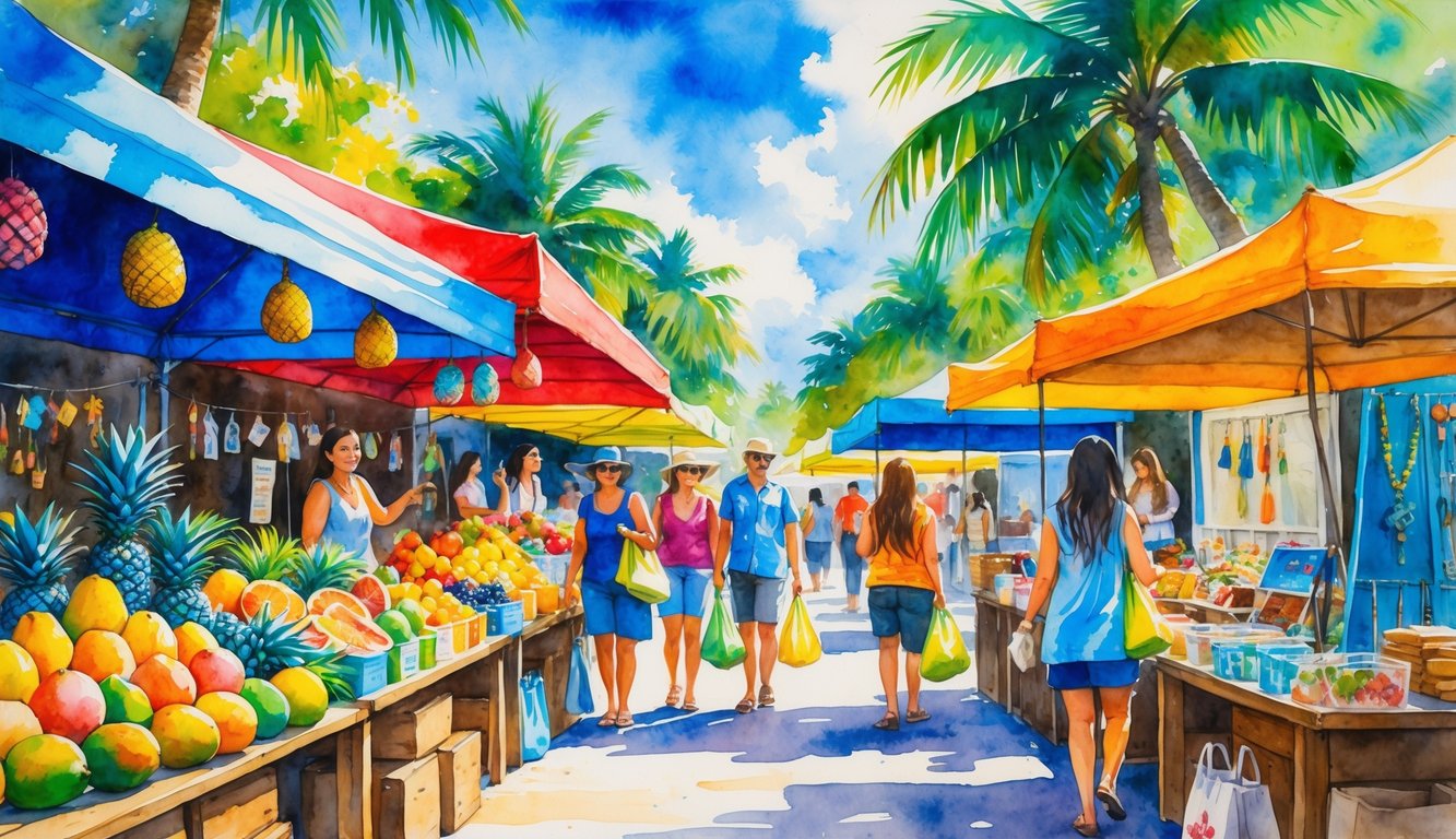Outdoor market with colorful stalls, fresh tropical fruits, vendors and shoppers, palm trees, and bright sky.
