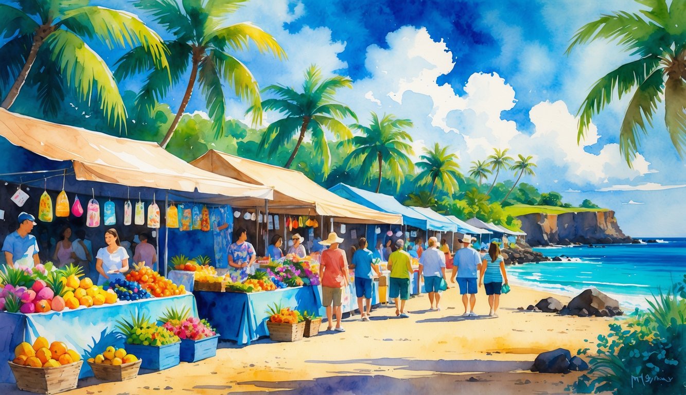 People shopping at a busy outdoor market with tropical fruits and crafts, near a beach with palm trees and rocky cliffs.