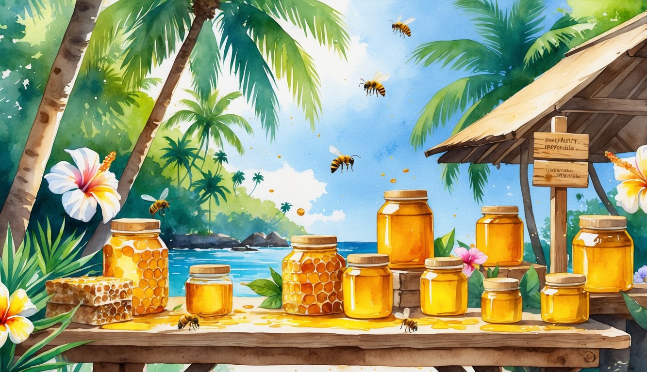 A tropical market scene with jars of honey on wooden tables surrounded by tropical flowers, bees flying nearby, and palm trees in the background.