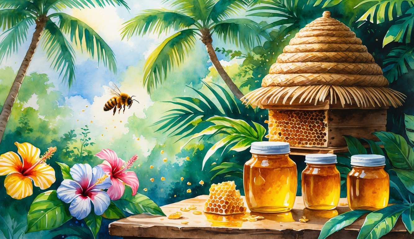 A tropical Hawaiian scene with flowers, bees, a traditional beehive, and jars of honey arranged on a wooden table surrounded by green plants.