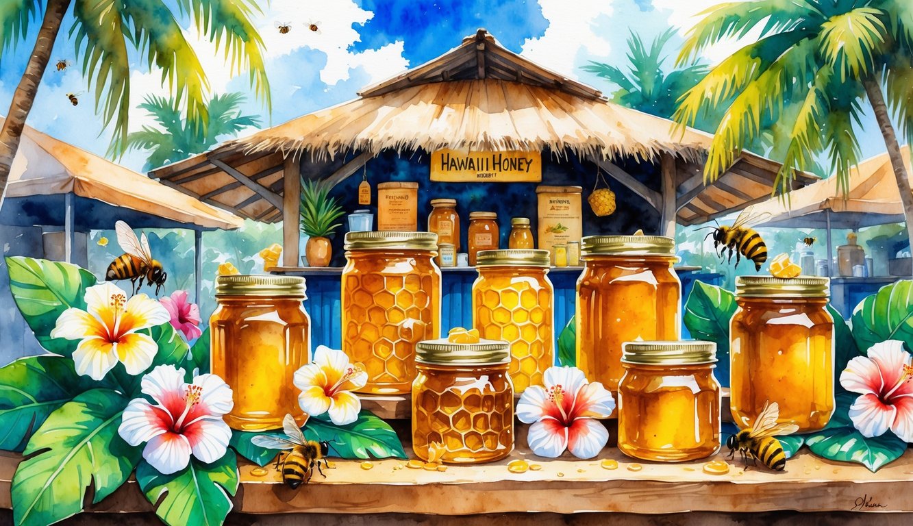 A market scene showing jars of honey on a wooden table surrounded by tropical flowers, bees, palm trees, and a thatched roof stall in the background.
