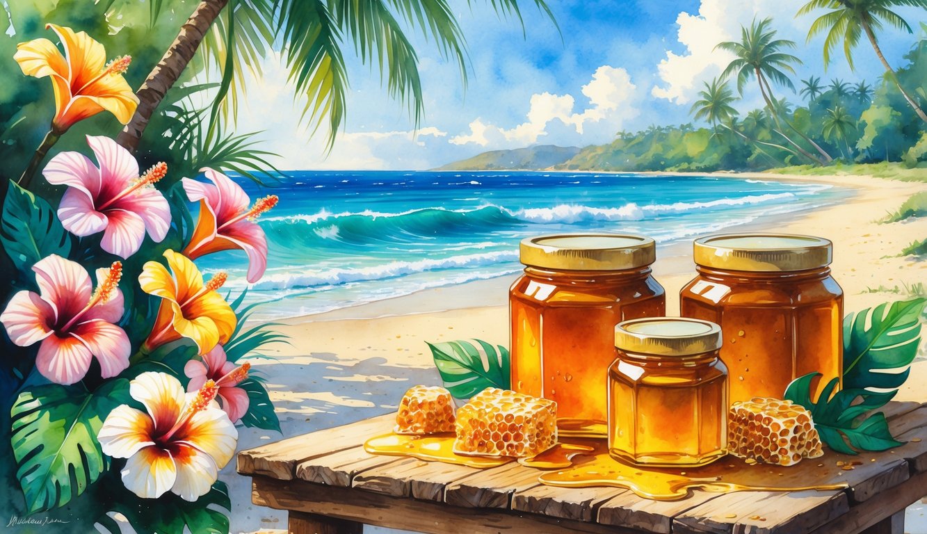 A tropical Hawaiian scene with jars of honey on a wooden table surrounded by flowers, honeycomb, palm trees, and a beach in the background.