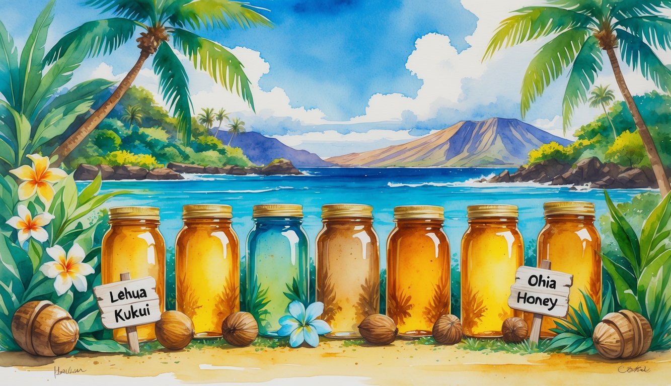 A colorful scene showing jars of honey surrounded by native Hawaiian flowers and plants with a tropical landscape of palm trees, mountains, and ocean in the background.