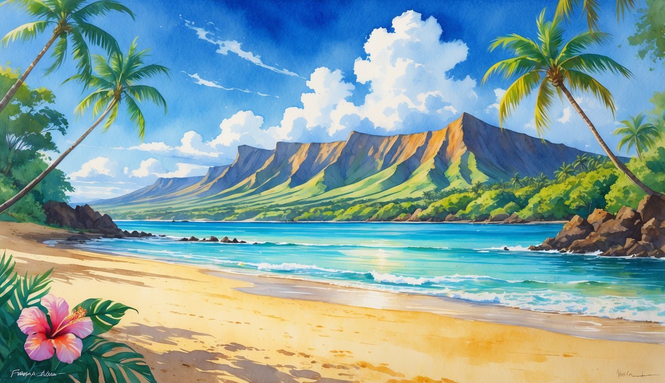 A sunny Hawaiian beach with palm trees, clear blue water, tropical flowers, and mountains in the background.
