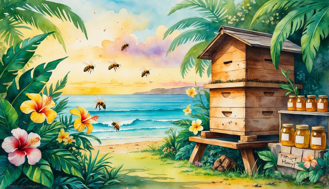 A Hawaiian landscape with tropical flowers, bees around a wooden beehive, a farmer's market stall with jars of honey, and the ocean at sunset in the background.