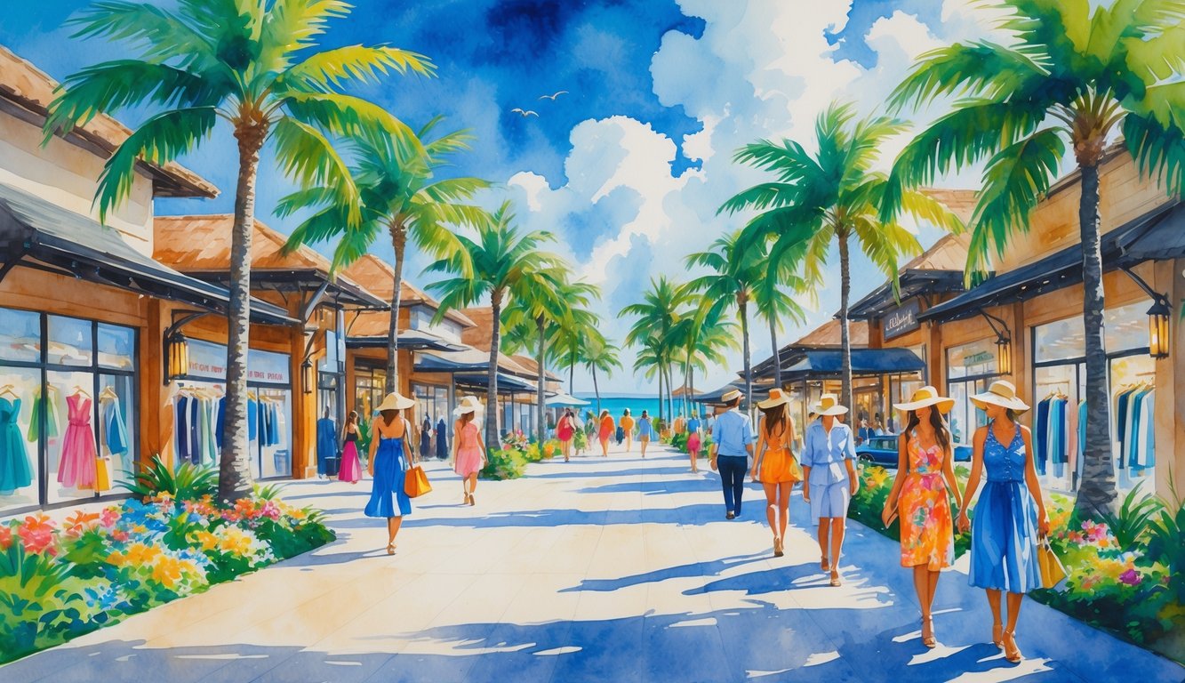 An outdoor shopping plaza in Hawaii with luxury stores, palm trees, tropical plants, and people walking along sunlit paths near the ocean.
