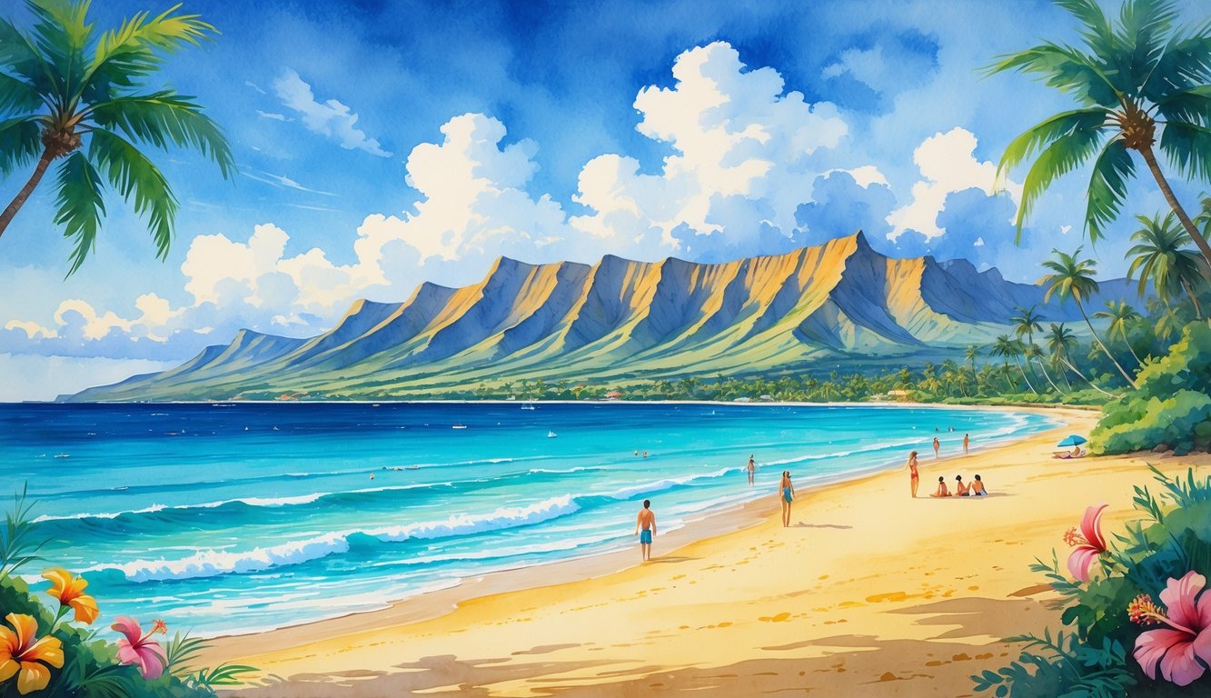 A tropical Hawaiian beach with palm trees, colorful flowers, clear blue water, volcanic mountains, and both busy and quiet areas along the shore.
